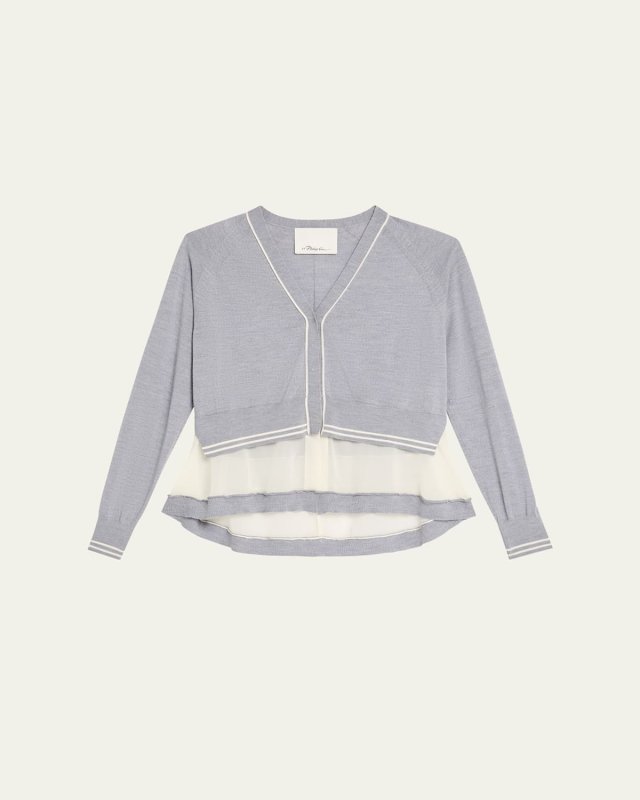 Chiffon-Trim V-Neck Cardigan